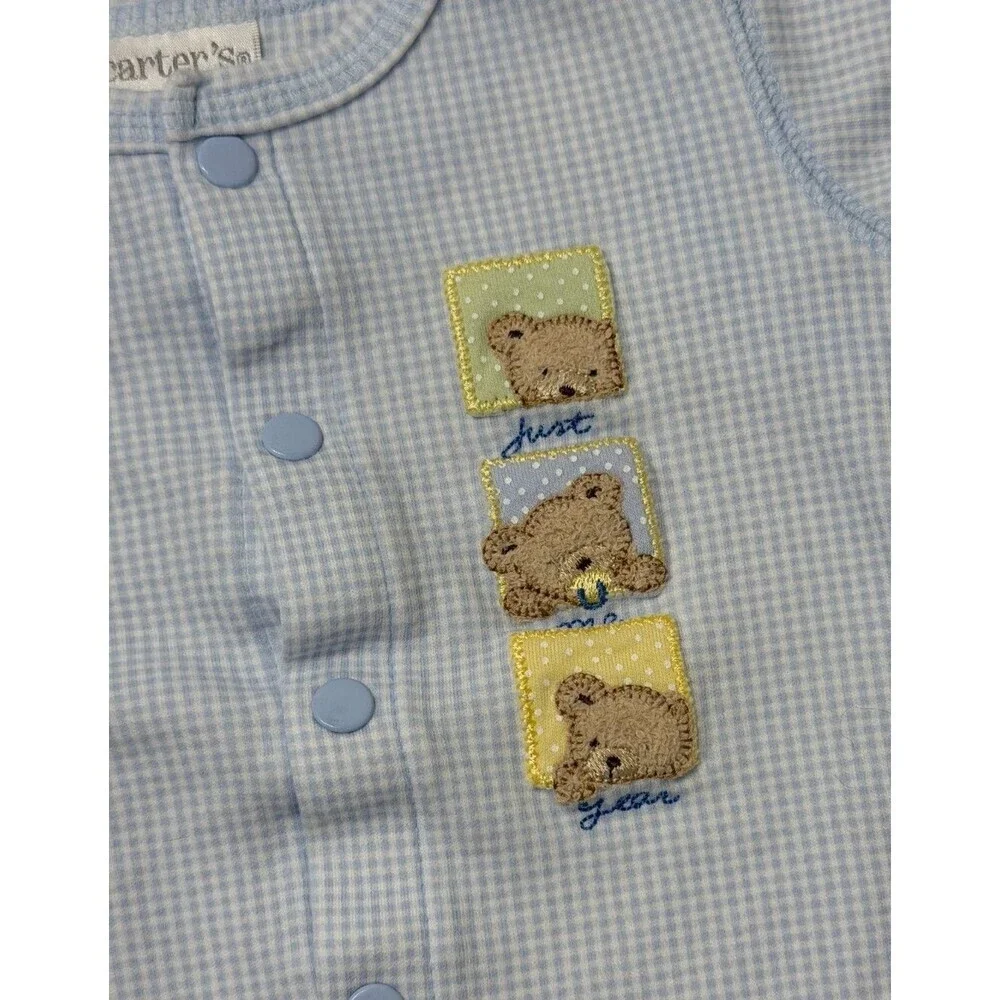 Baby Boy Vintage Carter's Just One Year 0-3 M Blue Check Embroidered Bear Romper